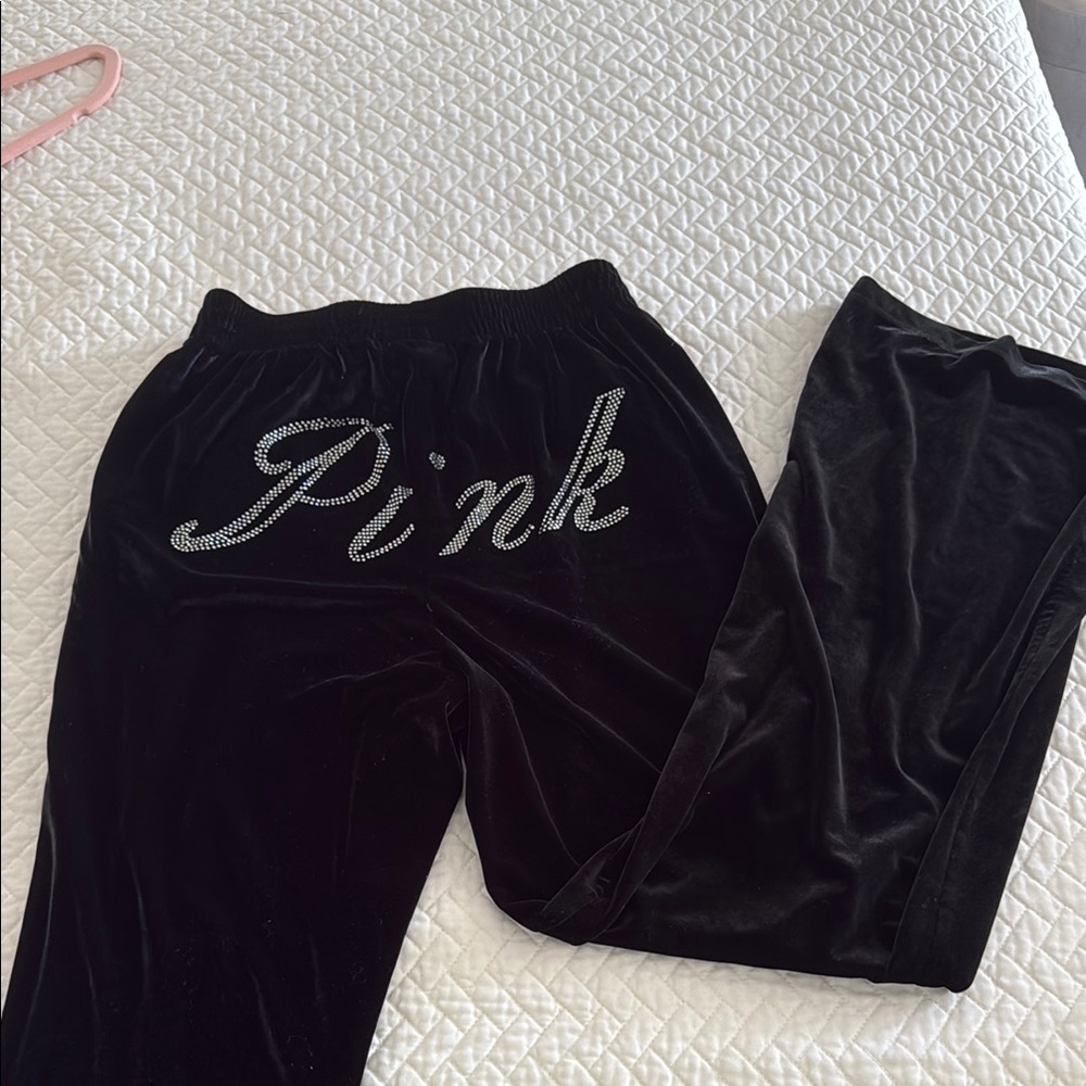 PINK- Black Velour Wide- Leg Pants with Rhinestone Logo on back